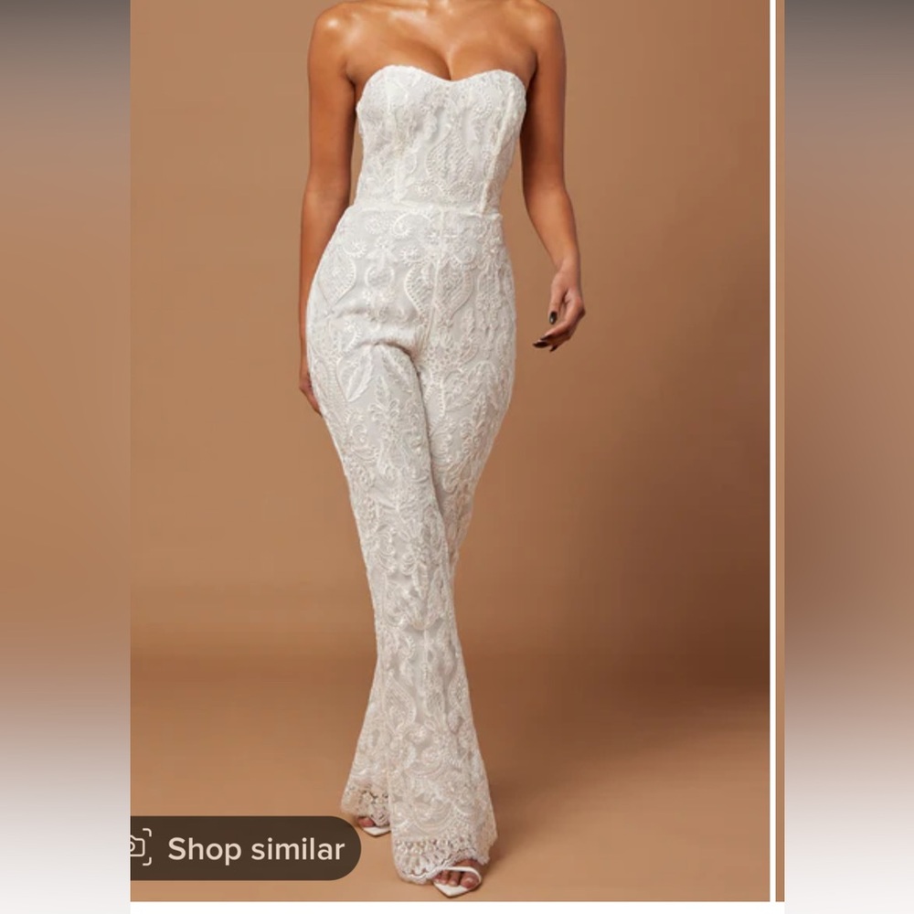 Fashion Nova Esther Sequin Embroidered White Jumpsuit